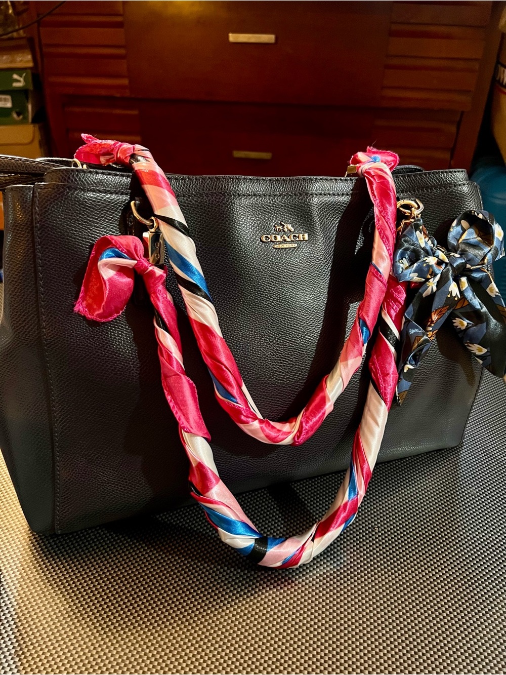 Coach Navy Blue Pebbled Leather Tote with Gold Logo